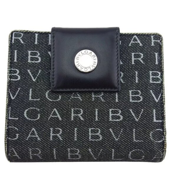 BVLGARI Bifold Wallet Logomania x Gray x Canvas x Leather Authentic Used